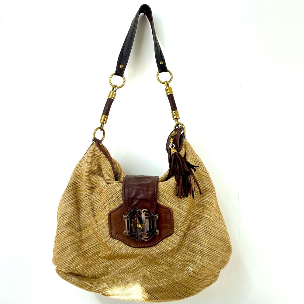 Cole Haan With Brass Accents Gold/Tan Brown Woven Leather Metal Hobo Bag